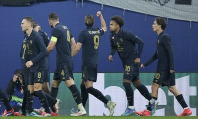 Juventus players celebrate after a goal during the UEFA Champions League opening phase soccer match between Leipzig and Juventus in Leipzig, Germany, Wednesday, Oct. 2, 2024.(AP Photo/Ebrahim Noroozi)