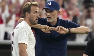 FILE - Then Bayern's head coach Thomas Tuchel talks to Bayern's Harry Kane during the German Super Cup final between FC Bayern Munich and RB Leipzig at the Allianz Arena stadium in Munich, Germany, Saturday, Aug. 12, 2023. (AP Photo/Matthias Schrader, File)