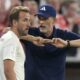 FILE - Then Bayern's head coach Thomas Tuchel talks to Bayern's Harry Kane during the German Super Cup final between FC Bayern Munich and RB Leipzig at the Allianz Arena stadium in Munich, Germany, Saturday, Aug. 12, 2023. (AP Photo/Matthias Schrader, File)