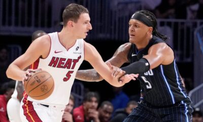 Miami Heat forward Nikola Jovic, left, drives up against Orlando Magic forward Paolo Banchero during the first half of an NBA basketball game, Wednesday, Oct. 23, 2024, in Miami. (AP Photo/Wilfredo Lee)