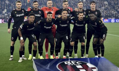 Bologna's players pose for a team photo prior to the Champions League opening phase soccer match between Aston Villa and Bologna at the Villa Park in Birmingham, England, Tuesday, Oct. 22, 2024. (AP Photo/Rui Vieira)