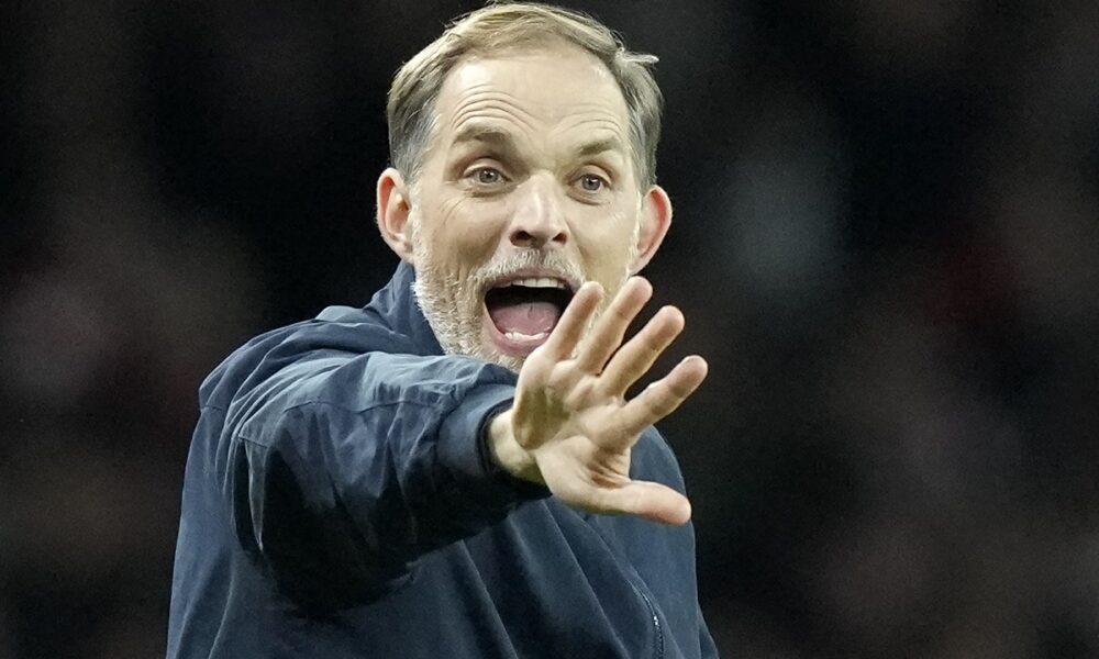 FILE - Bayern's head coach Thomas Tuchel reacts during the Champions League quarter final first leg soccer match between Arsenal and Bayern Munich at the Emirates Stadium, London, Tuesday, April 9, 2024. (AP Photo/Frank Augstein, File)
