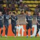 Red Star's players celebrate a goal from they teammate Cherif Ndiaye after scoring against Monaco during the Champions League opening phase soccer match between Monaco and Crvena Zvezda, Red Star Belgrade, at the Louis II stadium, in Monaco, Tuesday, Oct. 22, 2024. (AP Photo/Laurent Cipriani)