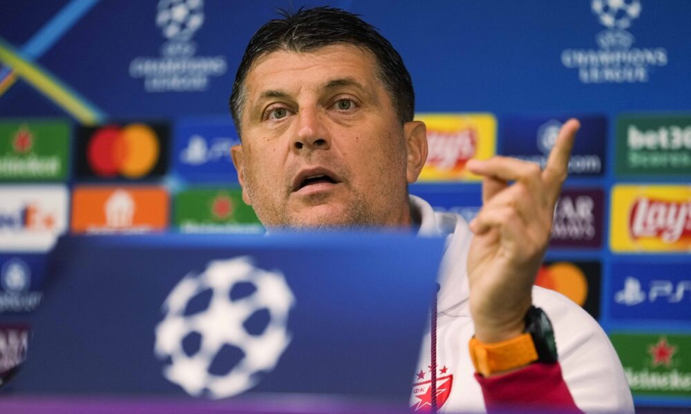 Crvena Zvezda's coach Vladan Milojevic gestures during a news conference at the San Siro stadium in Milan, Italy, Monday, Sept. 30, 2024. Crvena Zvezda (Red Star Belgrade) will face Inter Milan in the Champions League opening phase soccer match on Tuesday. (AP Photo/Luca Bruno)