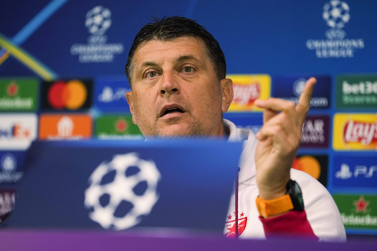 Crvena Zvezda's coach Vladan Milojevic gestures during a news conference at the San Siro stadium in Milan, Italy, Monday, Sept. 30, 2024. Crvena Zvezda (Red Star Belgrade) will face Inter Milan in the Champions League opening phase soccer match on Tuesday. (AP Photo/Luca Bruno)