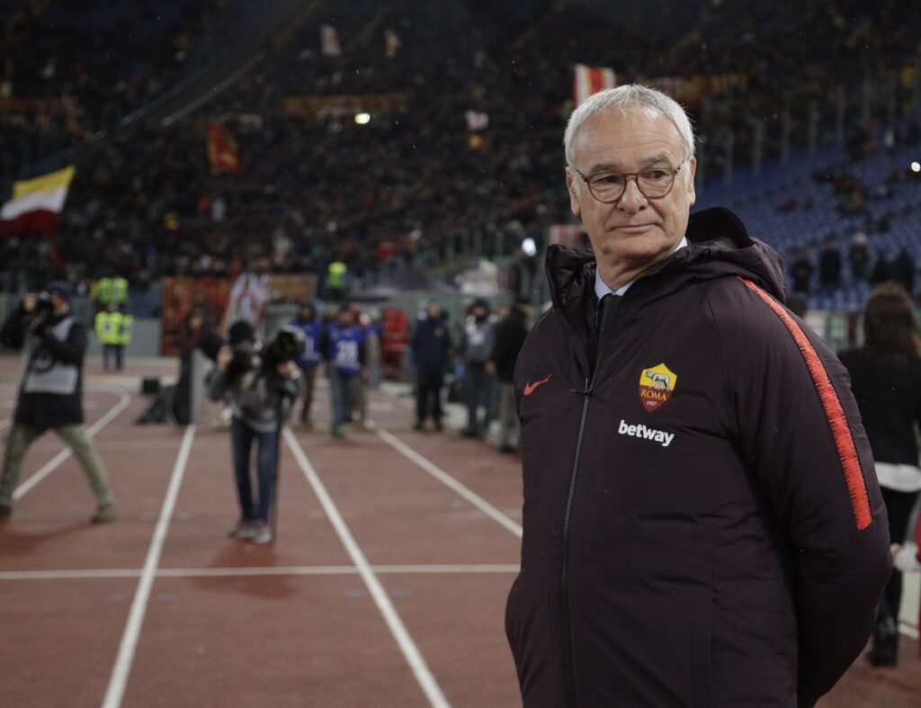 FILE - Claudio Ranieri enters the field prior to an Italian Serie A soccer match between Roma and Empoli, at the Olympic stadium in Rome, on March 11, 2019. (AP Photo/Gregorio Borgia, File)