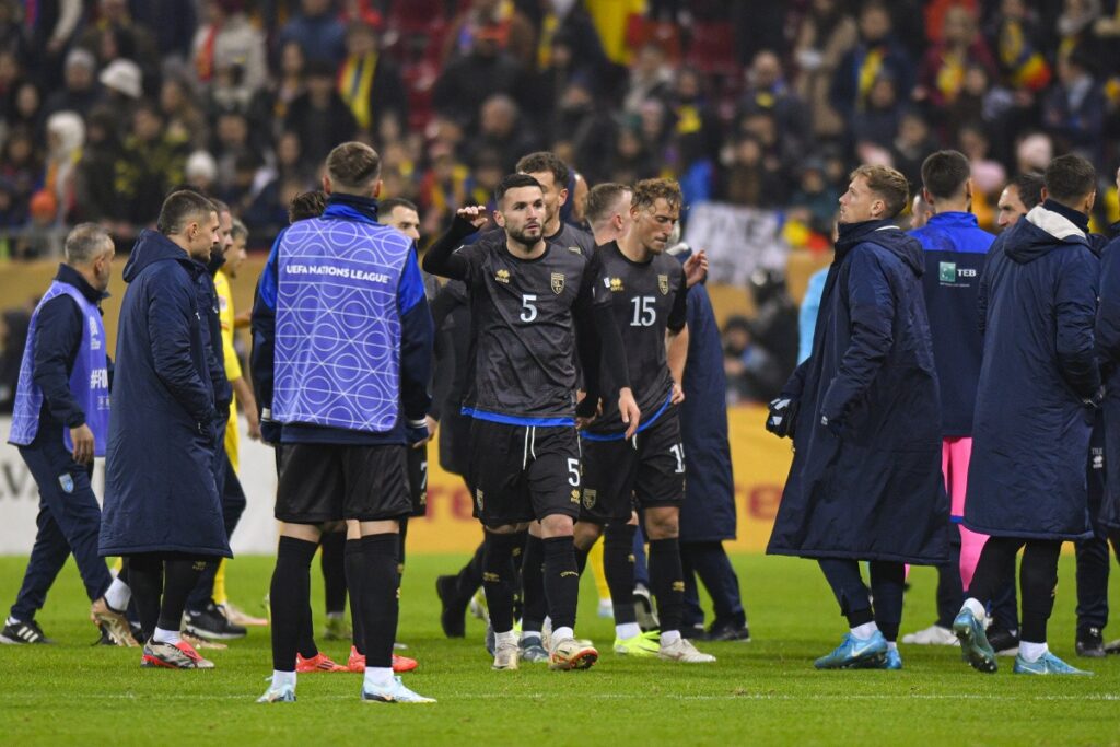 Kosovo players leave the pitch during the UEFA Nations League soccer match between Romania and Kosovo at the National Arena stadium in Bucharest, Romania, Saturday, Nov. 16, 2024. (AP Photo/Alexandru Dobre)