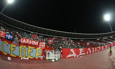 Navijači Crvene zvezde na utakmici UEFA Lige sampiona protiv Barselone na stadionu Rajko Mitic, Beograd 06.11.2024. godine Foto: Ivica Veselinov / MN PRESS FUDBAL, FOOTBALL, UEFA CHAMPIONS LEAGUE, LIGA SAMPIONA, CRVENA ZVEZDA, RED STAR, BARCELONA, BARSELONA