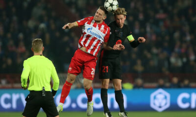 fudbaler Crvene zvezde na utakmici UEFA Lige sampiona protiv Barselone na stadionu Rajko Mitic, Beograd 06.11.2024. godine Foto: Ivica Veselinov / MN PRESS FUDBAL, FOOTBALL, UEFA CHAMPIONS LEAGUE, LIGA SAMPIONA, CRVENA ZVEZDA, RED STAR, BARCELONA, BARSELONA