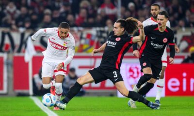 Stuttgart's Enzo Millot, left, in action against Frankfurt's Arthur Theate during the Bundesliga soccer match between VfB Stuttgart - Eintracht Frankfurt, at the MHPArena in Stuttgart, Germany, Sunday Nov. 10, 2024. (Tom Weller/dpa via AP)