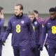 England's Harry Kane, left, looks on during a training session at St George's Park, Burton upon Trent, England, Wednesday Nov. 13, 2024. (Nick Potts/PA via AP)