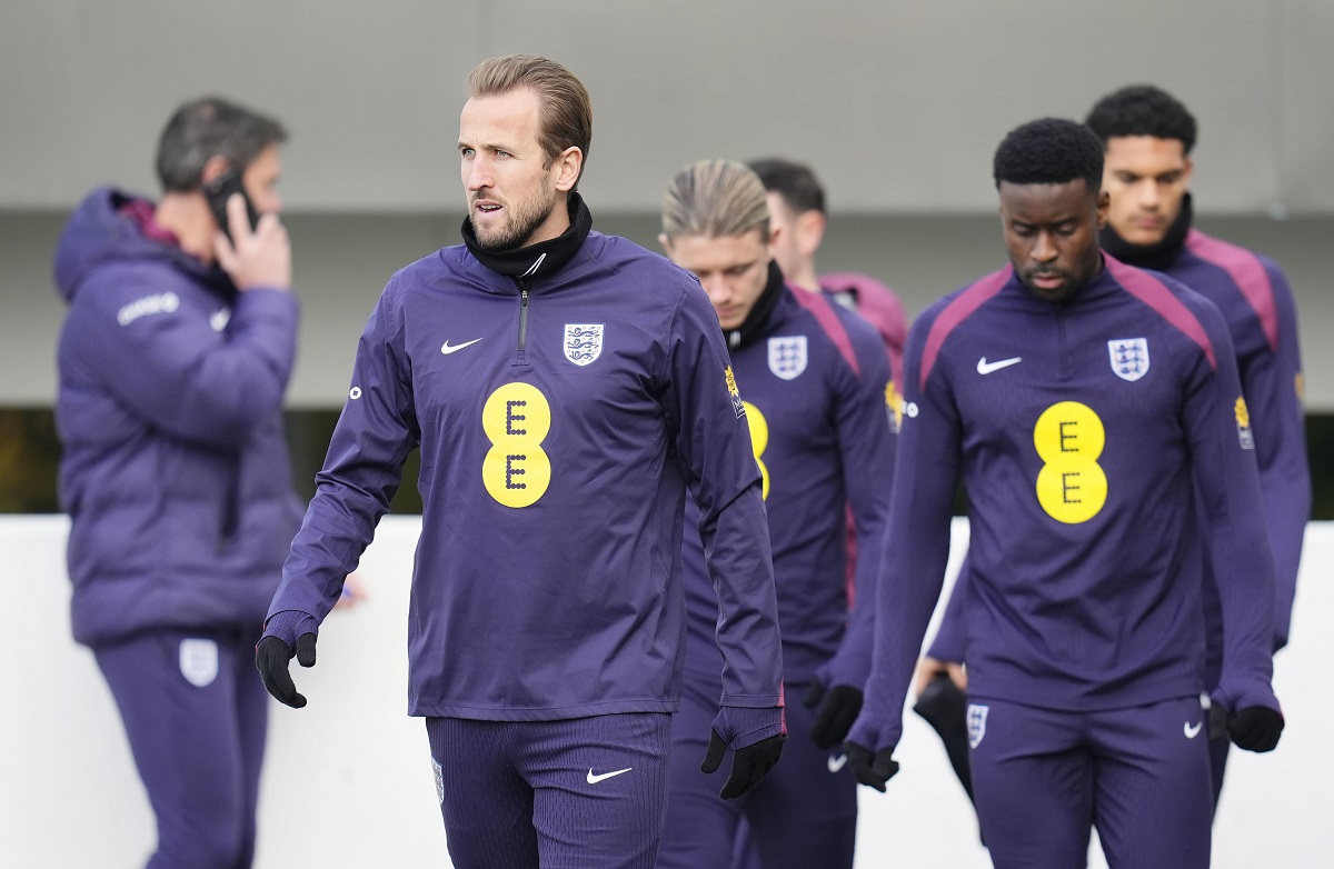 England's Harry Kane, left, looks on during a training session at St George's Park, Burton upon Trent, England, Wednesday Nov. 13, 2024. (Nick Potts/PA via AP)