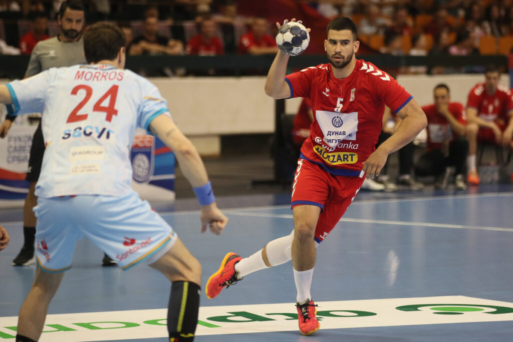 MILOS KOS rukometas Srbije na utakmici EHF kvalifikacija za Evropsko Prvenstvo protiv Spanije u hali SPENS, Novi Sad 12.05.2024. godine Foto: Ivica Veselinov / MN PRESS RUKOMET, HANDBALL, SRBIJA, SPANIJA, SPAIN, EHF