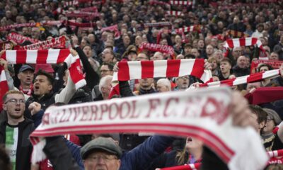 Navijači Liverpula, Liverpool's supporters cheer during the English Premier League soccer match between Liverpool and Brighton at the Anfield stadium in Liverpool, England, Saturday, Nov. 2, 2024. (AP Photo/Jon Super)