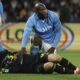 Napoli's Romelu Lukaku tends to Roma goalkeeper Mile Svilar after a challenge during the Italian Serie A soccer match between Napoli and Roma at the Diego Armando Maradona Stadium in Naples, Italy, Sunday Nov. 24 , 2024. (Alessandro Garofalo/LaPresse via AP)