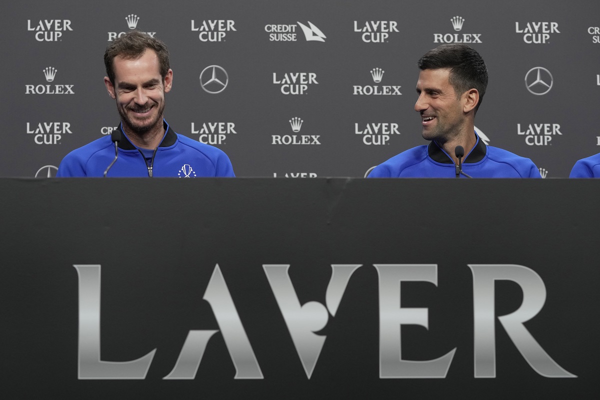 FILE - Britain's Andy Murray, left, and Serbia's Novak Djokovic attend a press conference ahead of the Laver Cup tennis tournament at the O2 in London, Thursday, Sept. 22, 2022. (AP Photo/Kin Cheung, File)