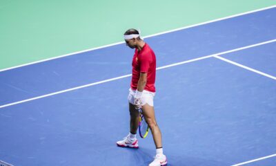 Spain's tennis player Rafael Nadal reacts against Netherlands' Botic Van De Zandschulp during a Davis Cup quarterfinal match at Martin Carpena Sports Hall in Malaga, southern Spain, on Tuesday, Nov. 19, 2024. (AP Photo/Manu Fernandez)