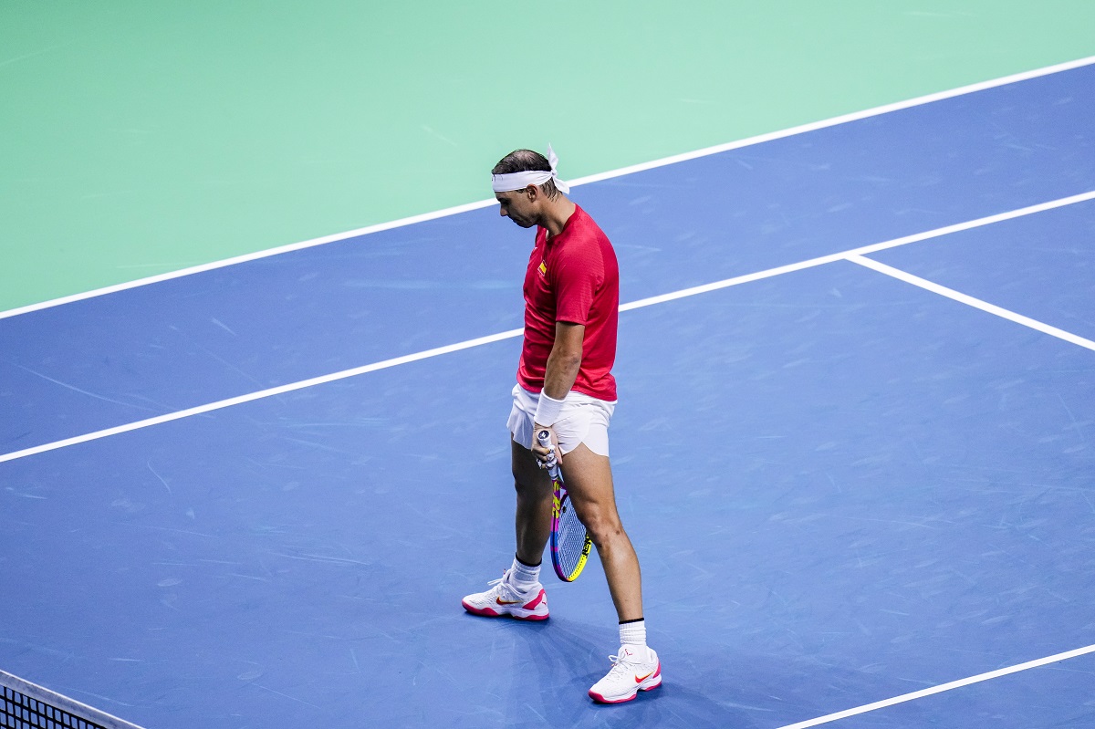 Spain's tennis player Rafael Nadal reacts against Netherlands' Botic Van De Zandschulp during a Davis Cup quarterfinal match at Martin Carpena Sports Hall in Malaga, southern Spain, on Tuesday, Nov. 19, 2024. (AP Photo/Manu Fernandez)