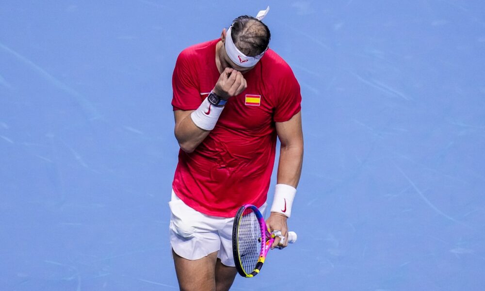 Spain's tennis player Rafael Nadal reacts against Netherlands' Botic Van De Zandschulp during a Davis Cup quarterfinal match at Martin Carpena Sports Hall in Malaga, southern Spain, on Tuesday, Nov. 19, 2024. (AP Photo/Manu Fernandez)