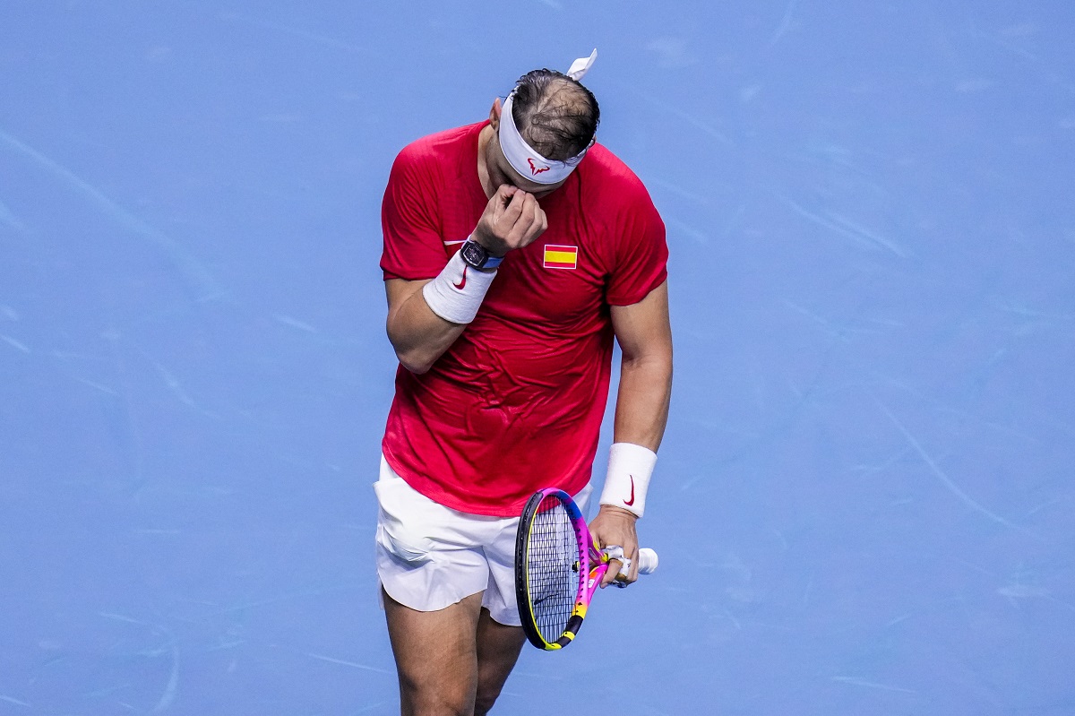 Spain's tennis player Rafael Nadal reacts against Netherlands' Botic Van De Zandschulp during a Davis Cup quarterfinal match at Martin Carpena Sports Hall in Malaga, southern Spain, on Tuesday, Nov. 19, 2024. (AP Photo/Manu Fernandez)