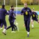 England's Harry Kane, center right, takes part in a national team training session at St George's Park, Burton upon Trent, England, Tuesday, Nov. 12, 2024, ahead of a Nations League soccer match against Greece on Thursday. (Nick Potts/PA via AP)