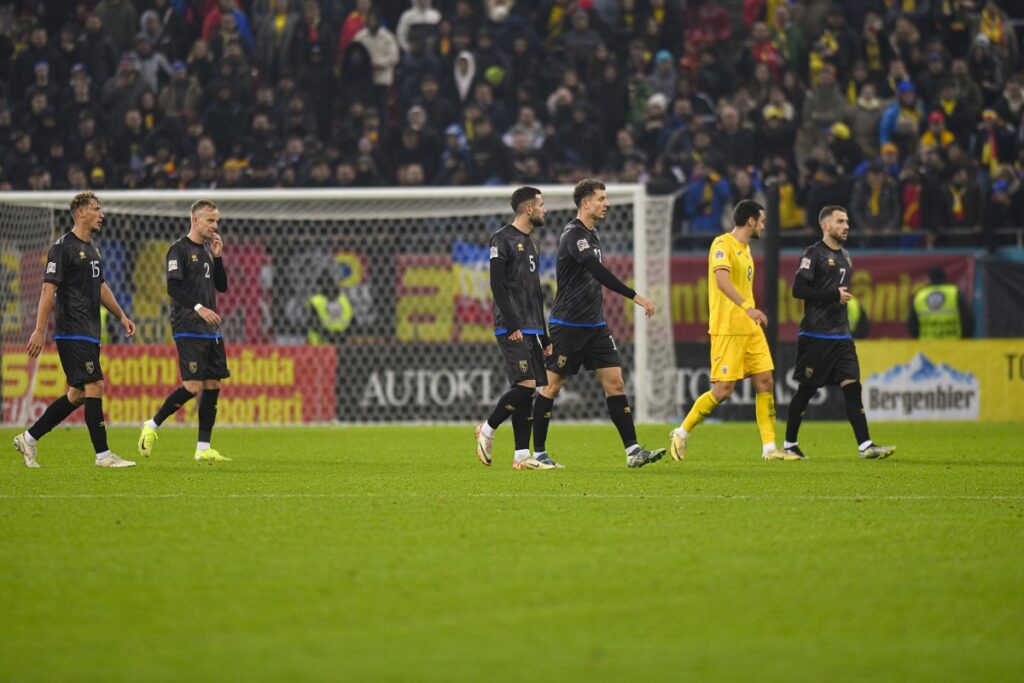 Kosovo players leave the pitch during the UEFA Nations League soccer match between Romania and Kosovo at the National Arena stadium in Bucharest, Romania, Friday, Nov. 15, 2024. (AP Photo/Alexandru Dobre)