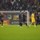 Kosovo players leave the pitch during the UEFA Nations League soccer match between Romania and Kosovo at the National Arena stadium in Bucharest, Romania, Friday, Nov. 15, 2024. (AP Photo/Alexandru Dobre)