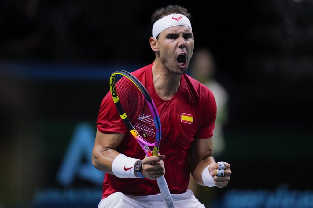 Spain's tennis player Rafael Nadal reacts during a Davis Cup quarterfinal match against Netherlands' Botic Van De Zandschulp at Martin Carpena Sports Hall in Malaga, southern Spain, on Tuesday, Nov. 19, 2024. (AP Photo/Manu Fernandez)