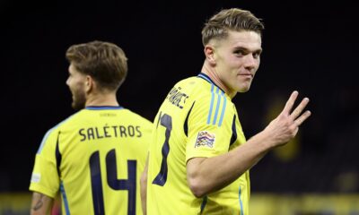 Sweden's Viktor Gyoekeres, front, celebrates after scoring his side's fifth goal during the Nations League, Group C1, soccer match between Sweden and Azerbaijan in Solna, near Stockholm, Sweden, Tuesday, Nov. 19, 2024. (Jakob Akersten Broden/TT News Agency via AP)