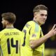 Sweden's Viktor Gyoekeres, front, celebrates after scoring his side's fifth goal during the Nations League, Group C1, soccer match between Sweden and Azerbaijan in Solna, near Stockholm, Sweden, Tuesday, Nov. 19, 2024. (Jakob Akersten Broden/TT News Agency via AP)