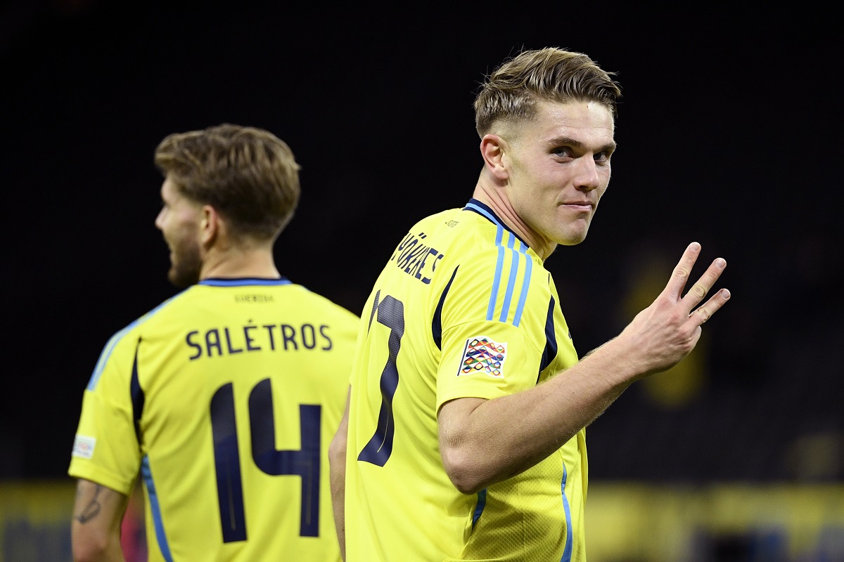 Sweden's Viktor Gyoekeres, front, celebrates after scoring his side's fifth goal during the Nations League, Group C1, soccer match between Sweden and Azerbaijan in Solna, near Stockholm, Sweden, Tuesday, Nov. 19, 2024. (Jakob Akersten Broden/TT News Agency via AP)