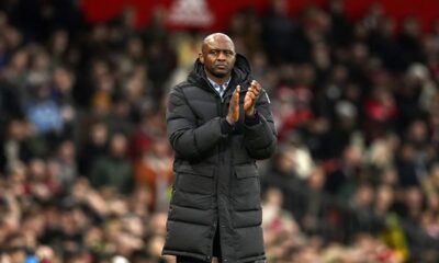 FILE - Then-Crystal Palace's head coach Patrick Vieira applauds during the English Premier League soccer match between Manchester United and Crystal Palace, at the Old Trafford stadium in Manchester, England, Saturday, Feb. 4, 2023. (AP Photo/Dave Thompson, File)