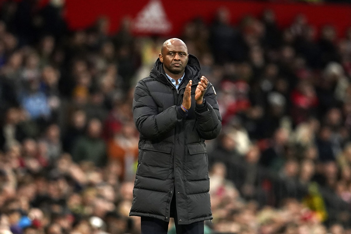 FILE - Then-Crystal Palace's head coach Patrick Vieira applauds during the English Premier League soccer match between Manchester United and Crystal Palace, at the Old Trafford stadium in Manchester, England, Saturday, Feb. 4, 2023. (AP Photo/Dave Thompson, File)