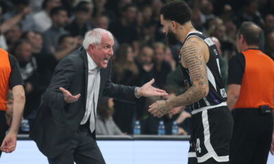 Trener i košarkaš Partizana na utakmici Evrolige protiv Armanija u hali Beogradska Arena, Beograd 15.11.2024. godine Foto: Ivica Veselinov / MN PRESS KOSARKA, BASKETBALL, EVROLIGA, EUROLEAGUE, PARTIZAN, ARMANI MILANO