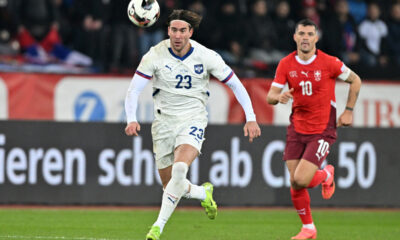 fudbaler reprezentacije Srbije na utakmici UEFA Lige nacija protiv Svajcarske na stadionu Lecigrund, Cirih 15.11.2024. godine Foto: Marko Metlas Fudbal, Srbija, Svajcarska, UEFA Liga nacija