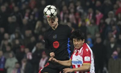 ba9= heads then ball by Red Star's Seol Young-woo during the Champions League opening phase soccer match between Red Star and Barcelona at the Rajko Mitic Stadium in Belgrade, Serbia, Wednesday, Nov. 6, 2024. (AP Photo/Darko Vojinovic)