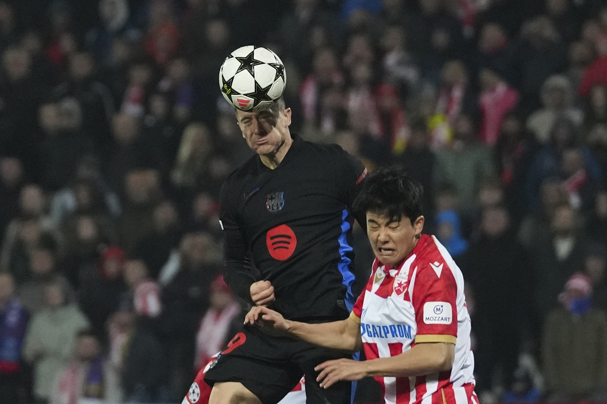 ba9= heads then ball by Red Star's Seol Young-woo during the Champions League opening phase soccer match between Red Star and Barcelona at the Rajko Mitic Stadium in Belgrade, Serbia, Wednesday, Nov. 6, 2024. (AP Photo/Darko Vojinovic)