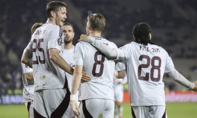 Ajax's Kenneth Taylor, centre, celebrates with teammates after scoring his side's opening goal during the Europa League soccer match between Qarabag and Ajax at the Tofiq Bahramov Republican stadium in Baku, Azerbaijan, Thursday, Oct. 24, 2024. (AP Photo)