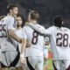 Ajax's Kenneth Taylor, centre, celebrates with teammates after scoring his side's opening goal during the Europa League soccer match between Qarabag and Ajax at the Tofiq Bahramov Republican stadium in Baku, Azerbaijan, Thursday, Oct. 24, 2024. (AP Photo)