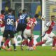 Inter Milan's Lautaro Martinez, third right, challenges for the ball with Arsenal's Mikel Merino, second right, during a Champions League opening phase soccer match between Inter Milan and Arsenal at the San Siro stadium in Milan, Italy, Wednesday, Nov. 6, 2024. (AP Photo/Luca Bruno)