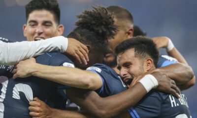 CF Pachuca's Oussama Idrissi celebrates with teammates after scoring the opening goal during the Intercontinental Cup soccer match between Botafogo and CF Pachuca in Doha, Qatar, Wednesday, Dec. 11, 2024. (AP Photo/Hussein Sayed)