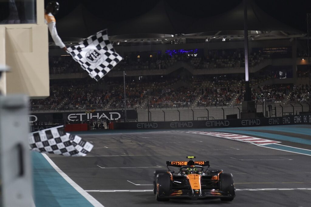 McLaren driver Lando Norris of Britain wins the Formula One Abu Dhabi Grand Prix at the Yas Marina Circuit in Abu Dhabi, UAE, Sunday, Dec. 8, 2024. (AP Photo/Hamad I Mohammed, Pool)