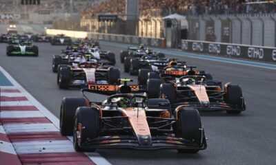 McLaren driver Lando Norris of Britain leads at the start during the Formula One Abu Dhabi Grand Prix at the Yas Marina Circuit in Abu Dhabi, UAE, Sunday, Dec. 8, 2024. (AP Photo/Hamad I Mohammed, Pool)