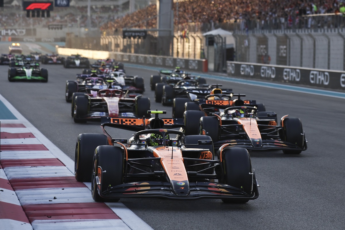 McLaren driver Lando Norris of Britain leads at the start during the Formula One Abu Dhabi Grand Prix at the Yas Marina Circuit in Abu Dhabi, UAE, Sunday, Dec. 8, 2024. (AP Photo/Hamad I Mohammed, Pool)