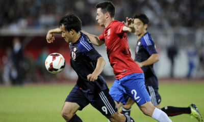 FUDBAL - Srbija - Japan, oprostajna utakmica Dejana Stankovica. SHINJI OKAZAKI - Sindzi Okazaki, fudbaler Japana, i ANTONIO RUKAVINA. Novi Sad, 11.10.2013. photo:N.Parausic