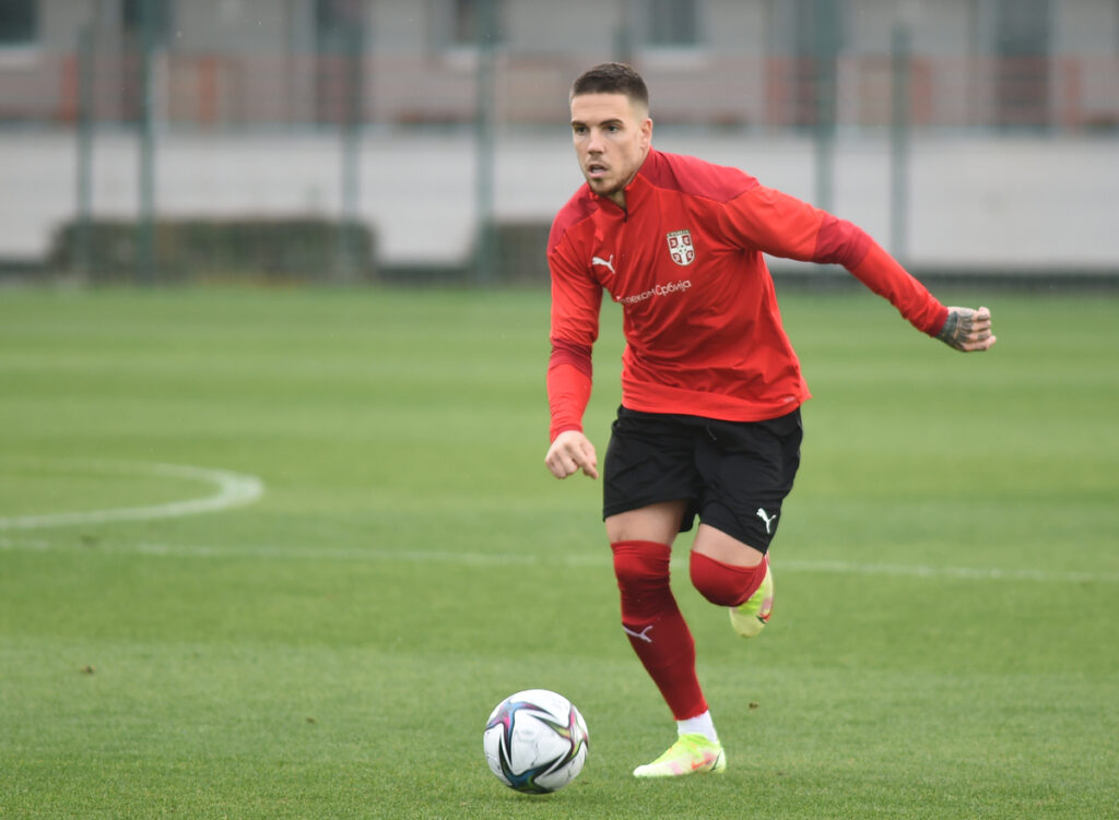 MIHAILO RISTIC, fudbaler Srbije, na trening utakmici protiv Radnickog iz Sombora, u SC FSS. Stara Pazova, 06.10.2021. foto: Nebojsa Parausic Fudbal, Srbija, Radnicki 1912 Sombor