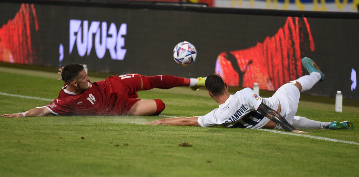 MIHAILO RISTIC, fudbaler Srbije, na utakmici Lige Nacija protiv Slovenije, na stadionu Rajko Mitic. Beograd, 05.06.2022. foto: Nebojsa Parausic Fudbal, FIFA Liga Nacija, Srbija, Slovenija