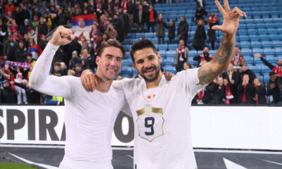 ALEKSANDAR MITROVIC i DUSAN VLAHOVIC fudbaleri reprezentacije Srbije na utakmici UEFA Lige nacija protiv Norveske na stadionu Uleval, Oslo 27.09.2022. godine Foto: Marko Metlas Fudbal, Reprezentacija, Srbija, Norveska, UEFA Liga nacija