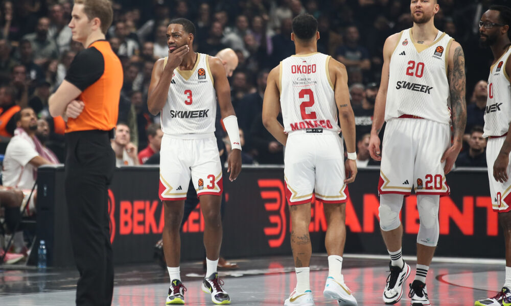 JORDAN LOYD Dzordan Lojd, ELIE OKOBO Eli Okobo, DONATAS MONTIEJUNAS Donatas Motiejunas kosarkasi Monaka na utakmici Evrolige protiv Partizana u hali Beogradska Stark Arena, Beograd 05.12.2023. godine Foto: Ivica Veselinov / MN PRESS KOSARKA, BASKETBALL, EVROLIGA, EUROLEAGUE, PARTIZAN, MONACO, MONAKO