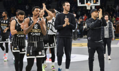 DUANE WASHINGTON Dvejn Vasington, STERLING BROWN Sterling Braun, ALEKSEJ POKUSEVSKI, GABRIEL IFFE LUNDBERG Gabriel Ife Lundberg RADOST kosarkasa Partizana na utakmici ABA lige protiv Splita u hali Beogradska arena. Beograd, 30.11.2024. Foto: MN press/ms Kosarka, Partizan, ABA liga, Splita